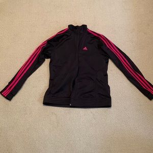 Black Adidas zip up sweatshirt with pink stripes on arms.